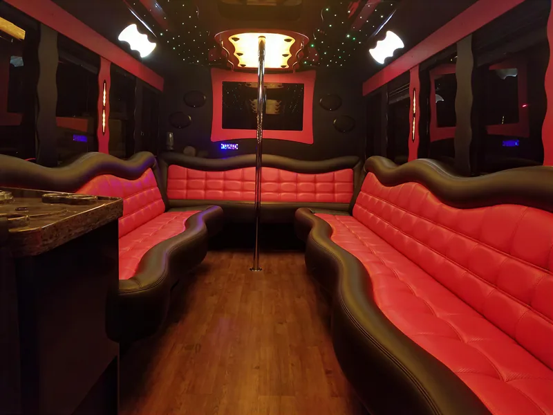 16 passenger party bus interior in red and black with a dancing pole