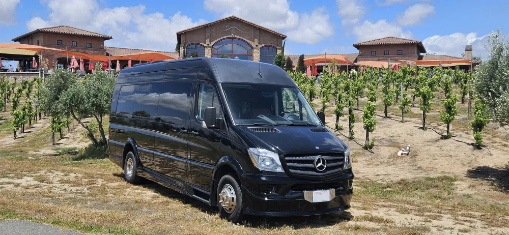 Mercedes Sprinter limo bus parked at a Temecula winery