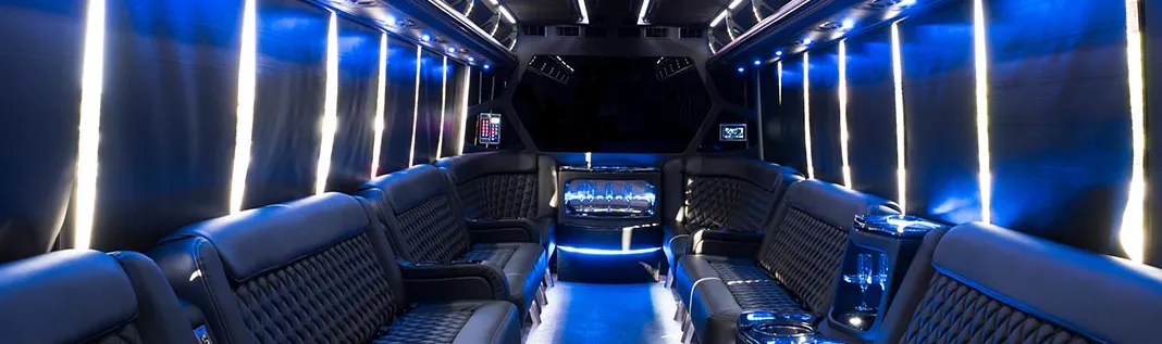 leather and blue interior of a temecula party bus